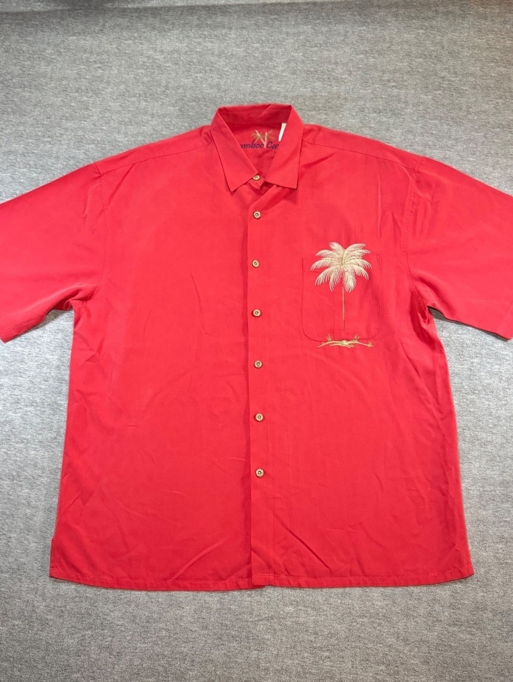 Bamboo Cay Mens XL Red Hawaiian Camp Shirt Embroidered Palm Tree Short Sleeve